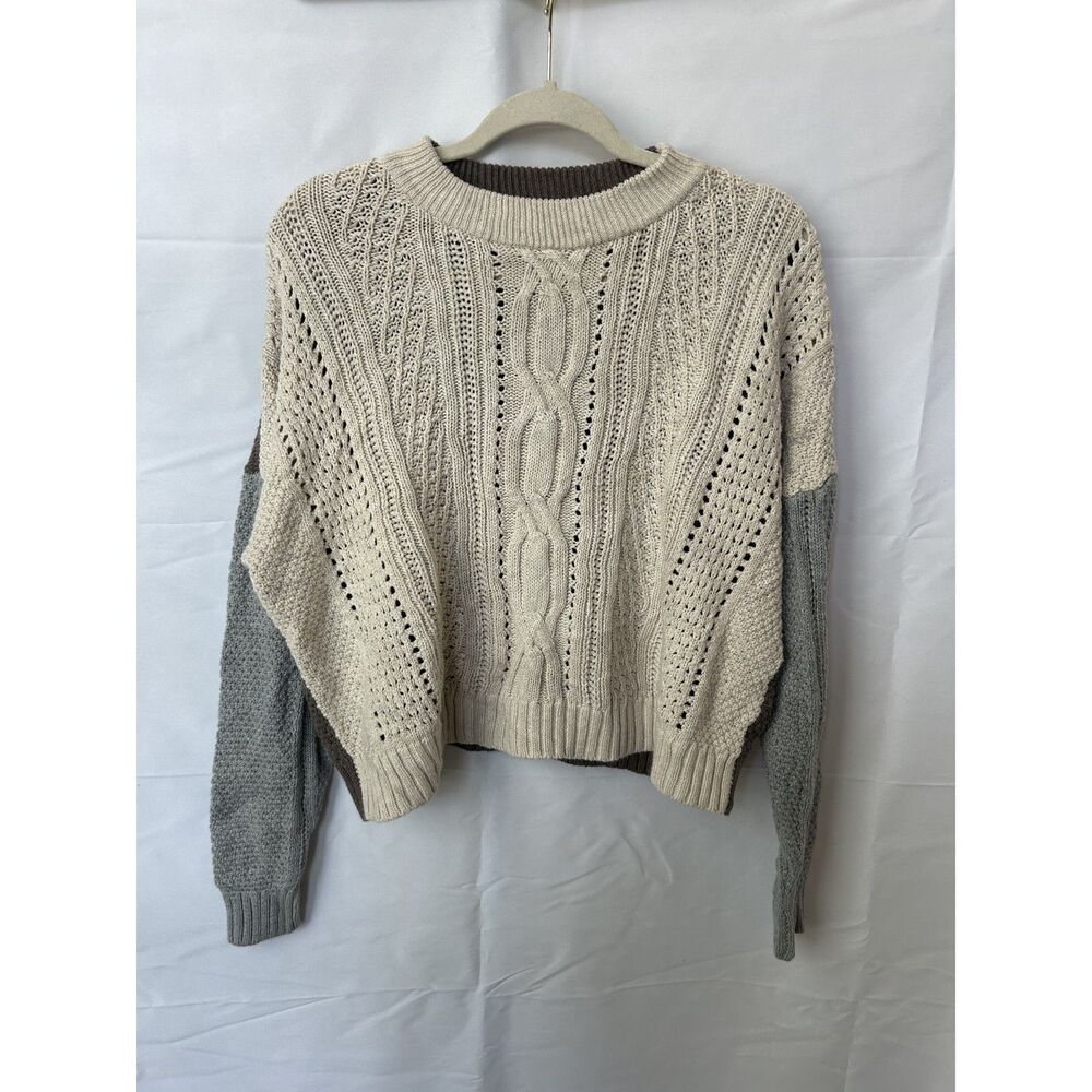 Womens Cable Knit 100% Cotton Pullover Sweater Color block Beige M Cottagecore